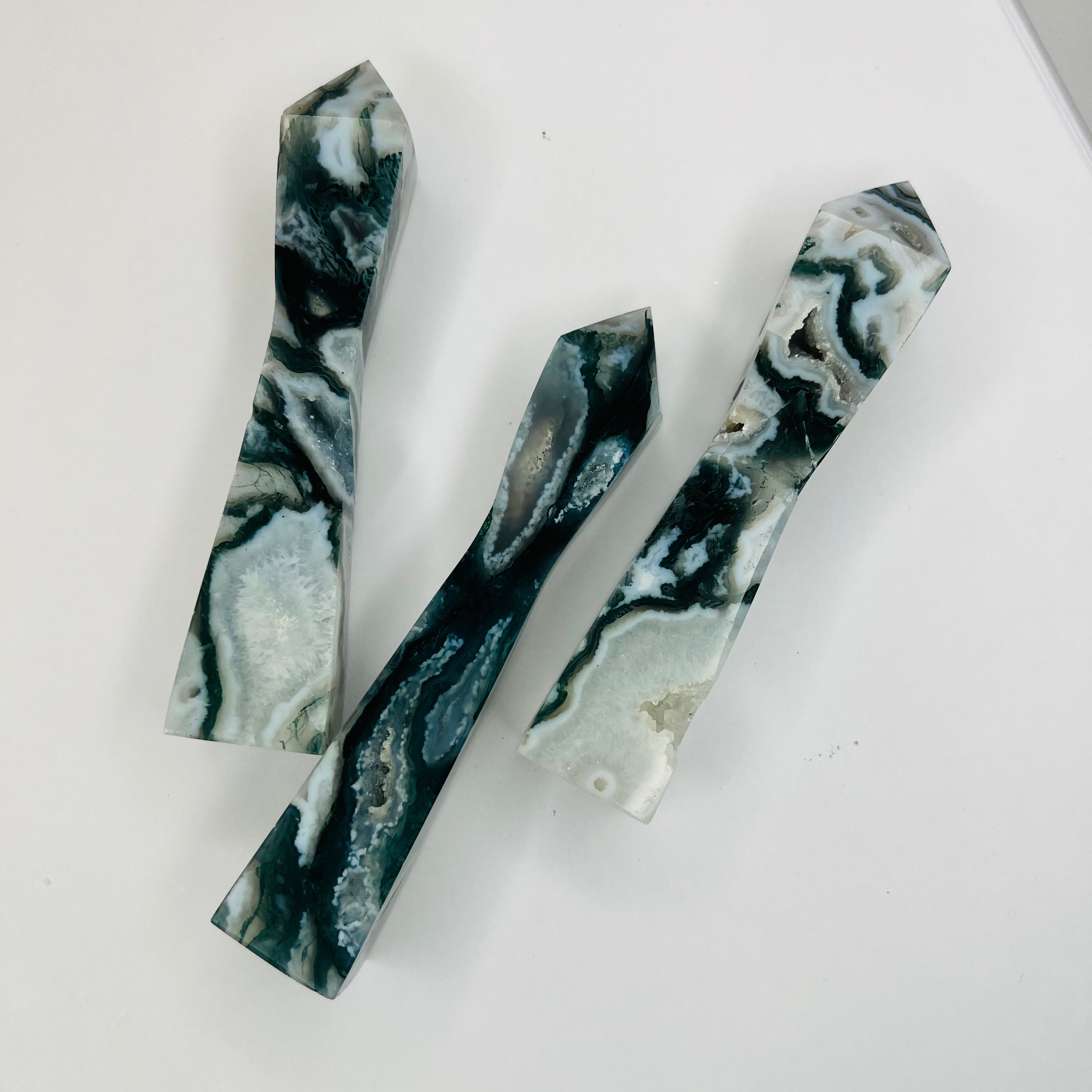 Blue Moss Agate Towers with Druzy.