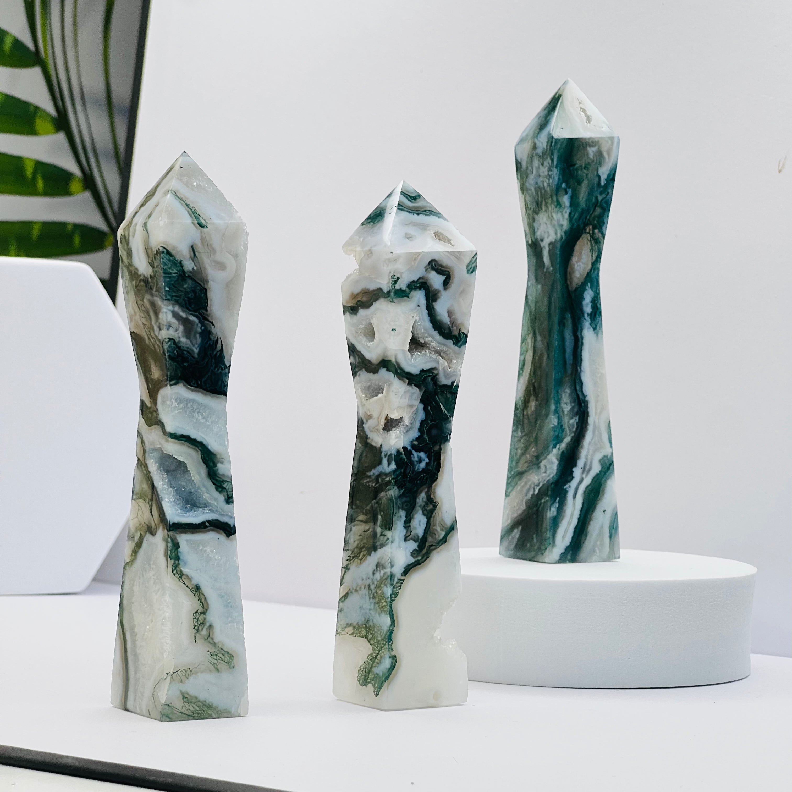 Blue Moss Agate Towers with Druzy.