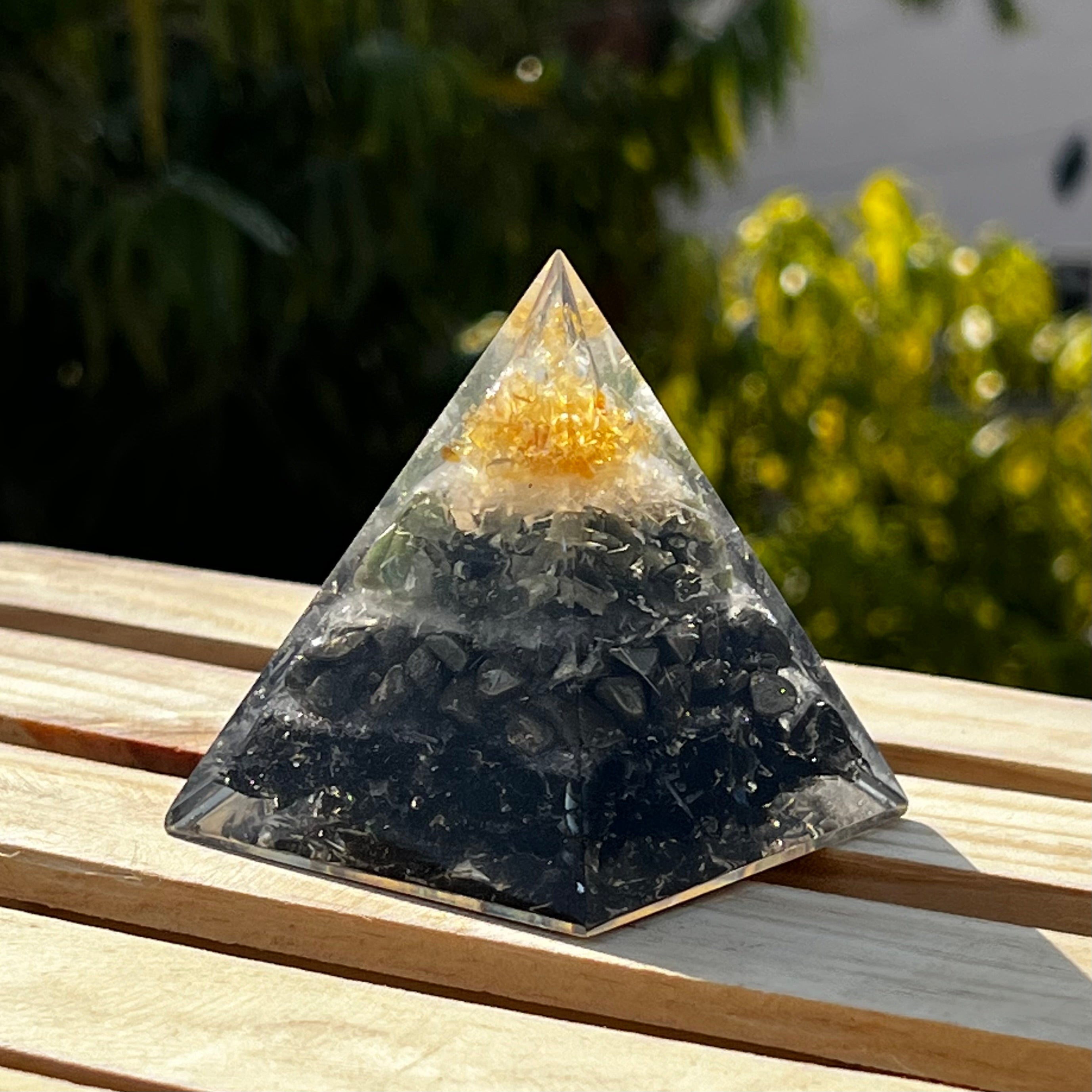 WEALTH MAGNET ORGONE PYRAMID: Citrine, Aventurine, Pyrite, Obsidian, Selenite