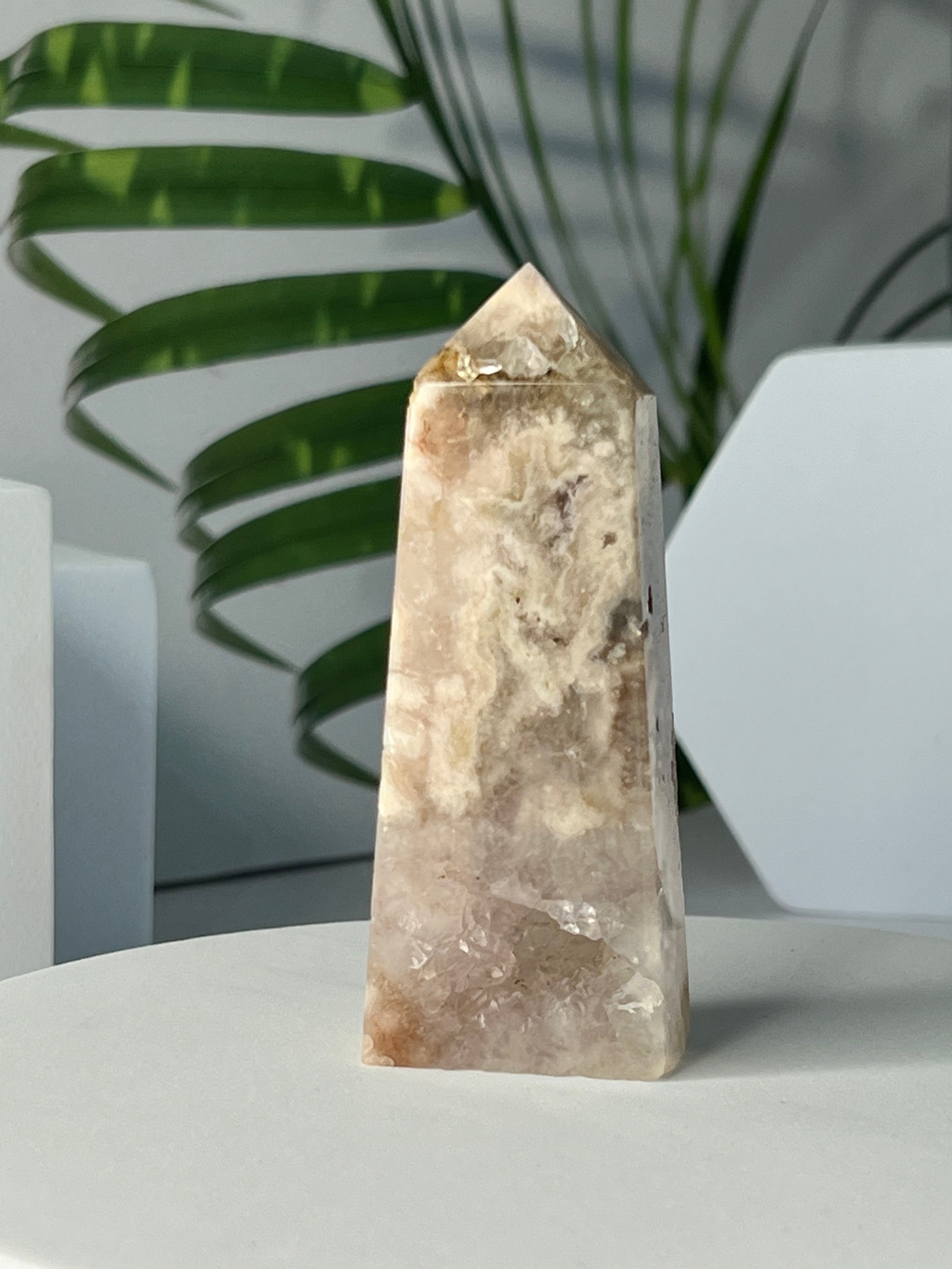 Druzy Pink Amethyst with Flower Agate Tower