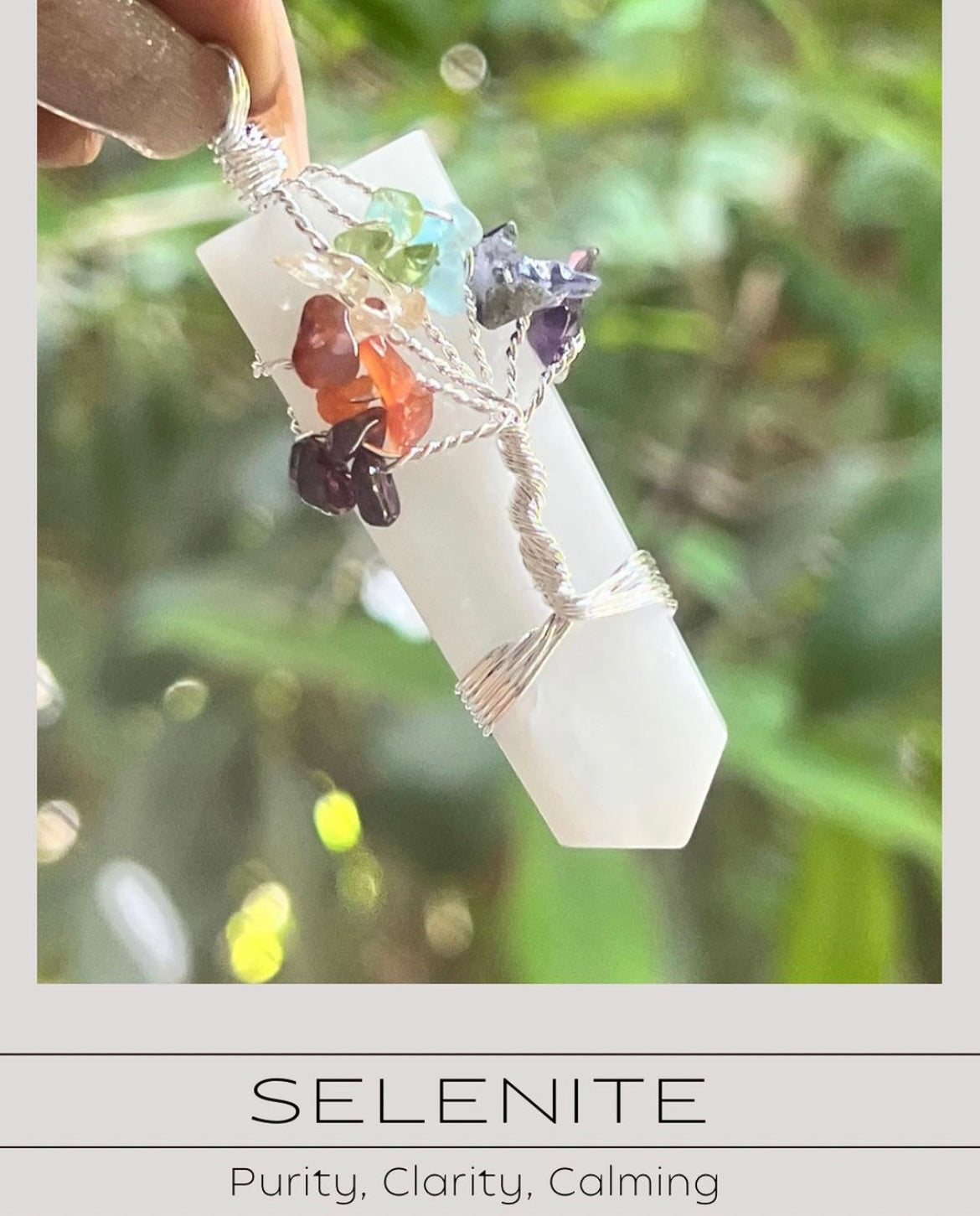 Selenite Wired Tree of Life Seven Chakra Pendant