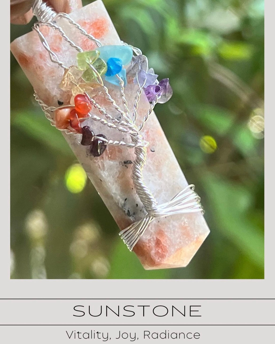 Sun Stone Wired Tree of Life Seven Chakra Pendant