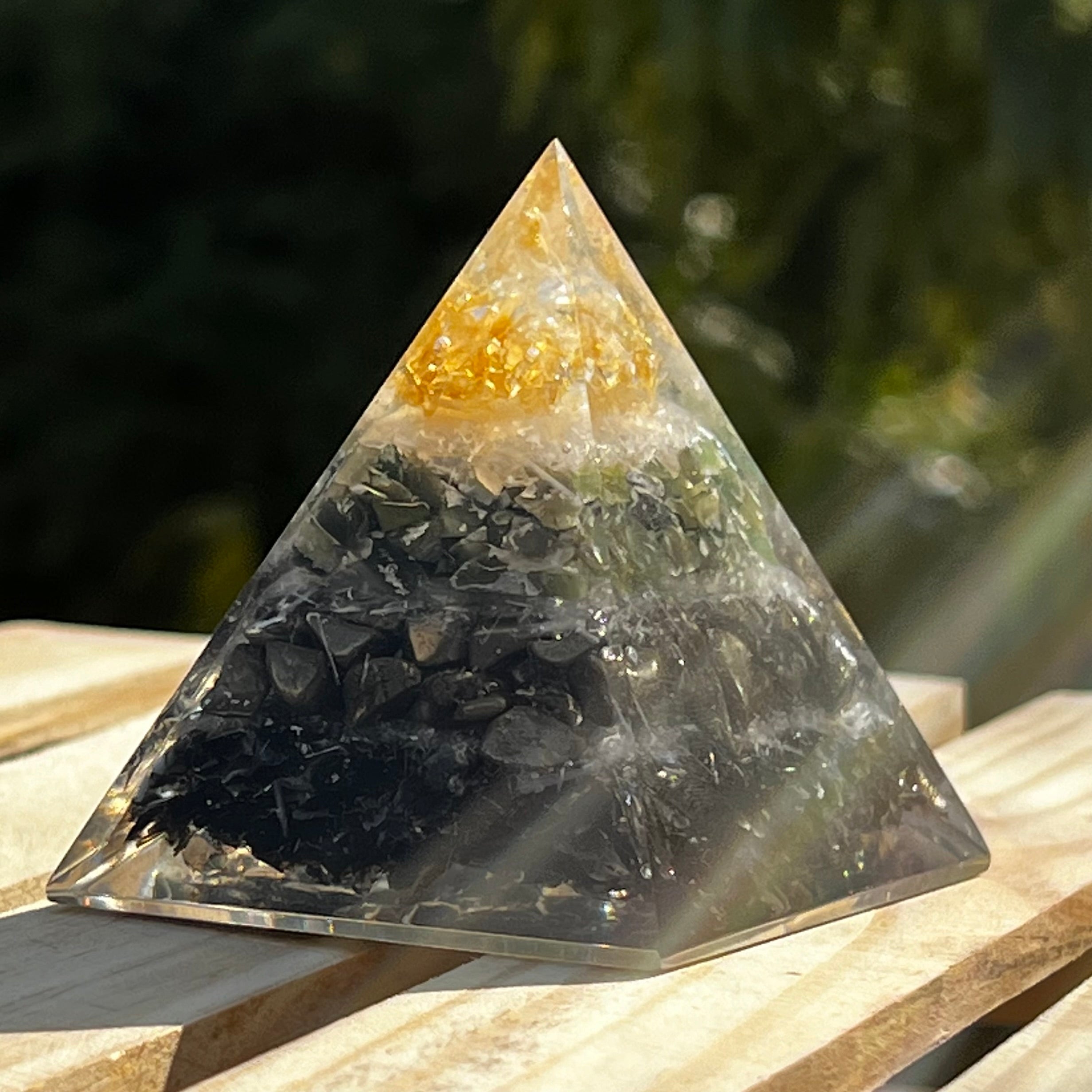 WEALTH MAGNET ORGONE PYRAMID: Citrine, Aventurine, Pyrite, Obsidian, Selenite