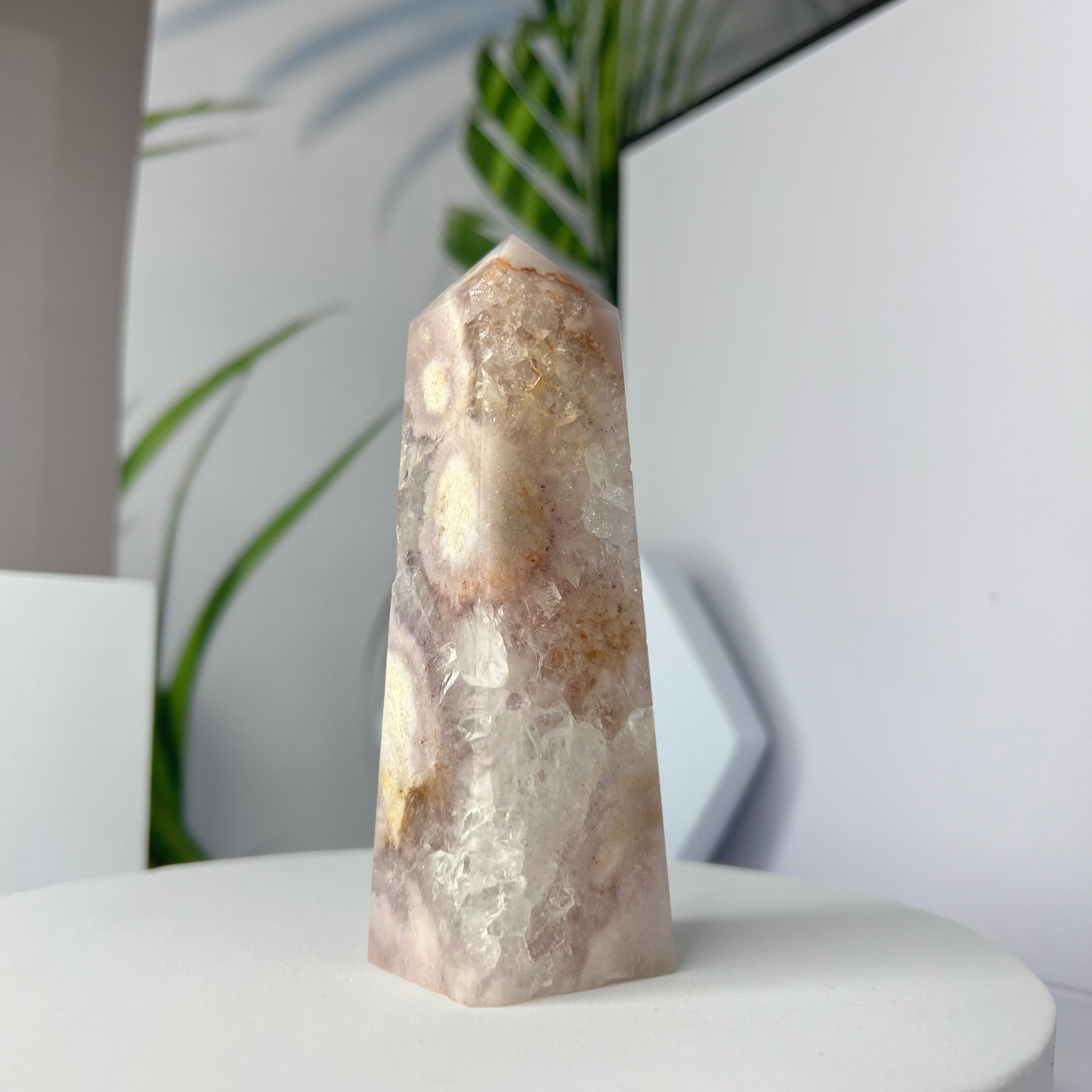 Druzy Pink Amethyst with Flower Agate Tower