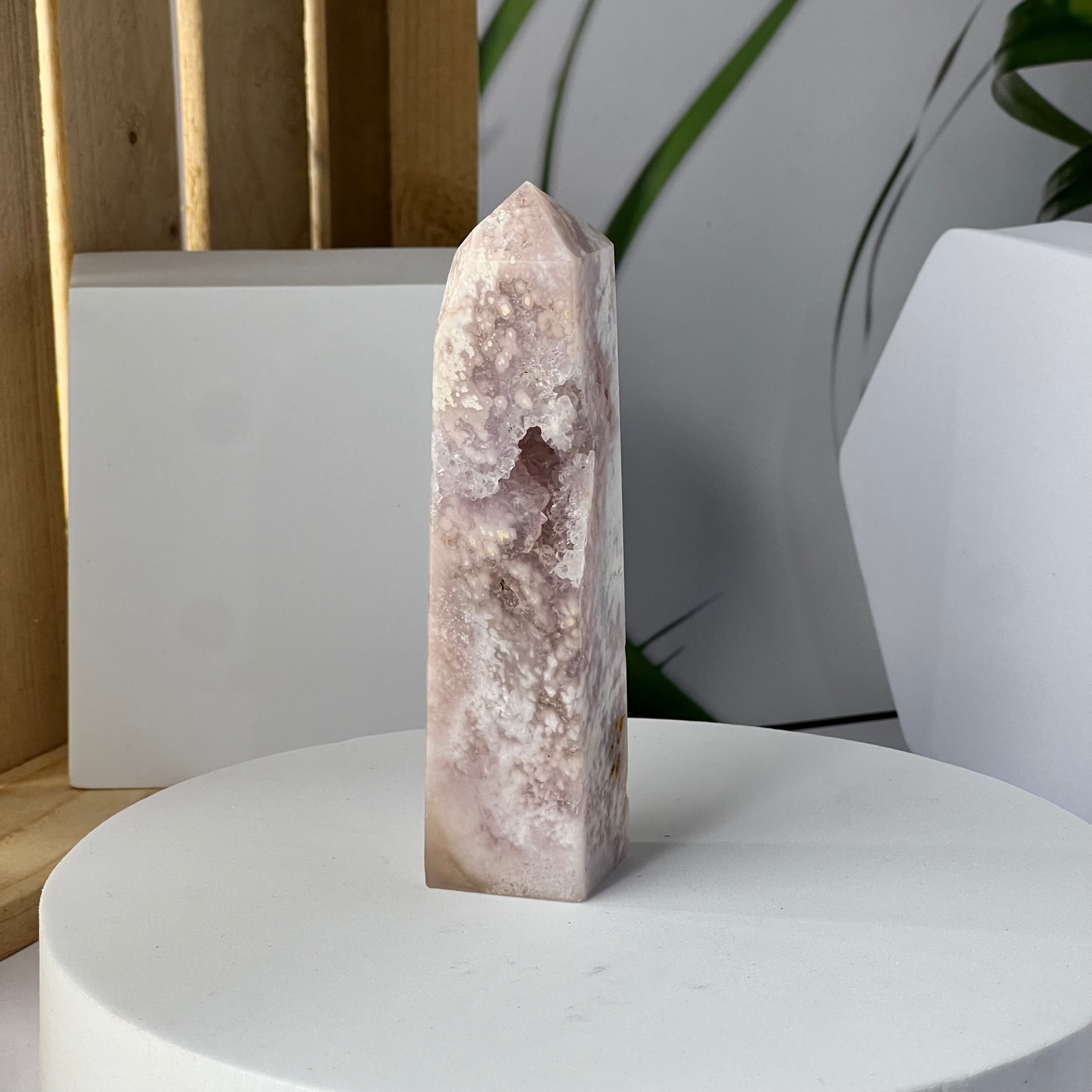 Druzy Pink Amethyst with Flower Agate Tower